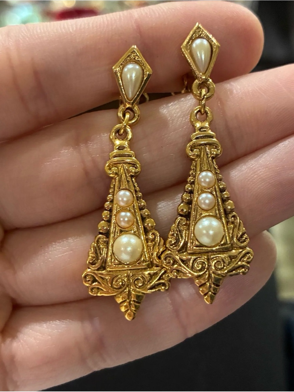 Vintage 1928 Brand Gold Filigree Pearl Drop Earrings